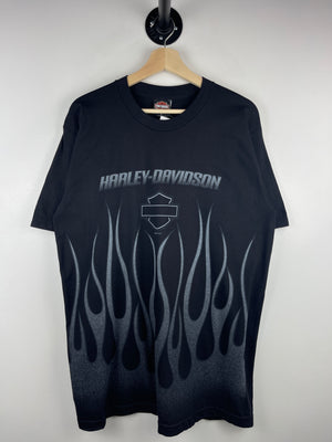 Vintage 2002 Harley Davidson Chrome Rising Flames Blanchette Quebec Black Tee
