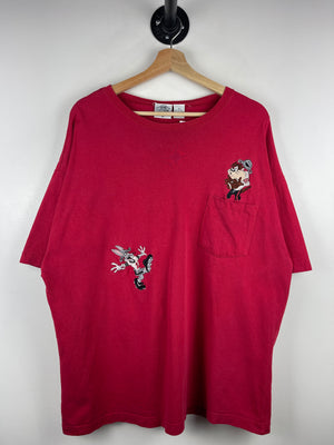 Vintage 90s Looney Tunes Taz Bugs Bunny Football Red Pocket Tee
