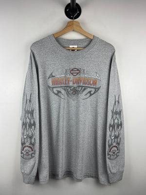 Vintage Harley Davidson Flames Geneva New York Grey Long Sleeve