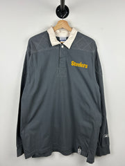 Vintage NFL Reebok Pittsburgh Steelers Grey Polo Rugby Long Sleeve