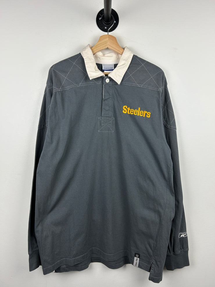 Vintage NFL Reebok Pittsburgh Steelers Grey Polo Rugby Long Sleeve