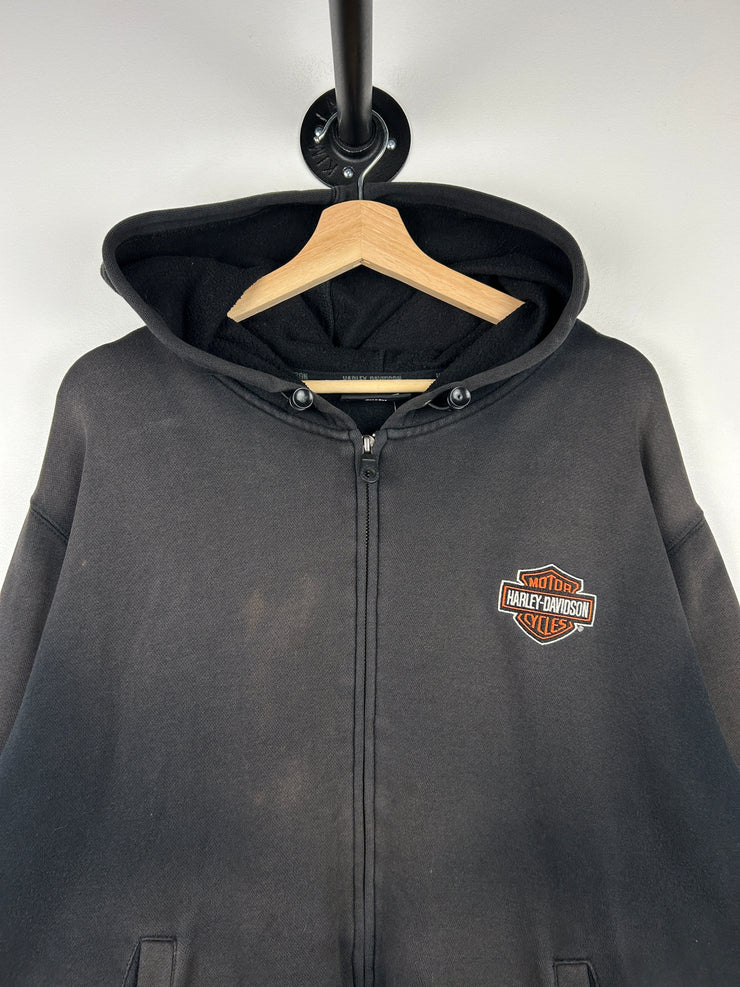 Vintage Harley Davidson Embroidered Faded Black Zip Up Hoodie