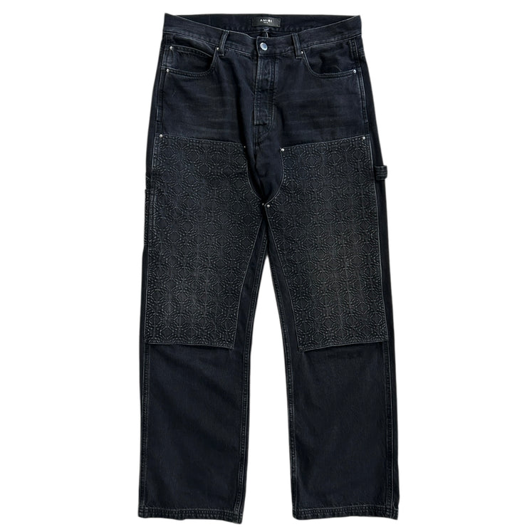 Amiri Straight Leg Panned Debossed Double Knee Black Denim Jeans
