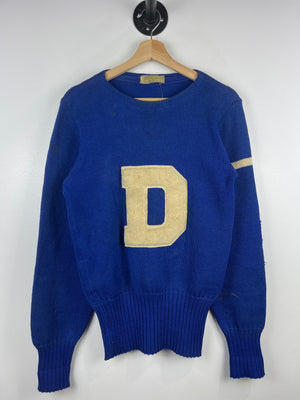Vintage 60s Imperial "D" University Embroidered Blue True Vintage Knit Sweater