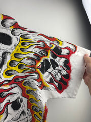 Vintage 90s Jarvis Ace Flaming Skull All Over Print White Tee