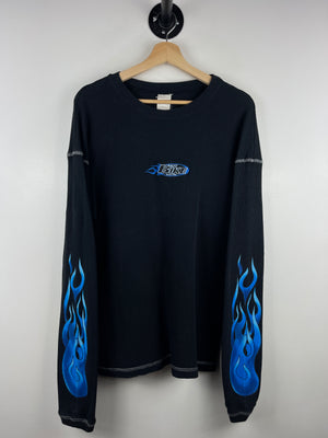 Vintage 90s Hot Bike Magazine Blue Flames Black Thermal Long Sleeve
