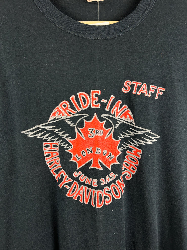 Vintage 80s Harley Davidson London Show Staff Black Ringer Tee