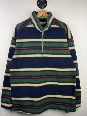 Vintage 90s Eddie Bauer Striped Navy & Green Quarter Zip Fleece Sweater