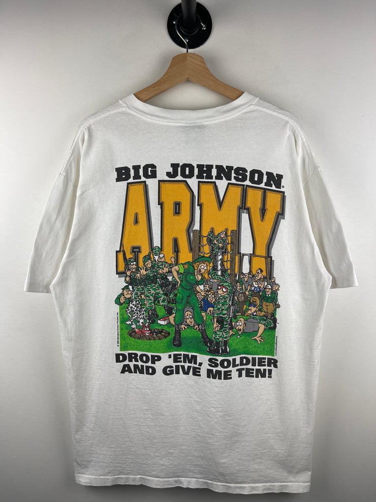 Vintage 90s Big Johnson Army Drop Em Soldier White Tee