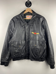 Vintage 90s Excelled Miller Lite Beer Black Leather Bomber Jacket