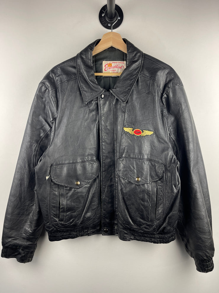 Vintage 90s Excelled Miller Lite Beer Black Leather Bomber Jacket