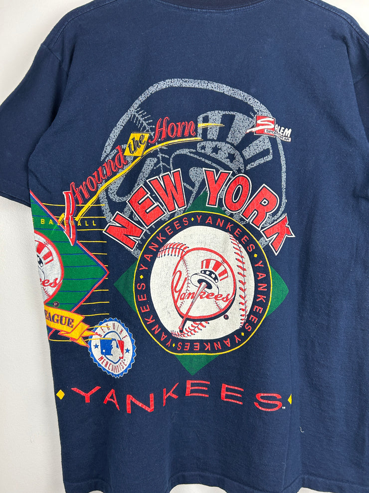 Vintage 90s MLB Salem New York Yankess All Over Print Navy Tee