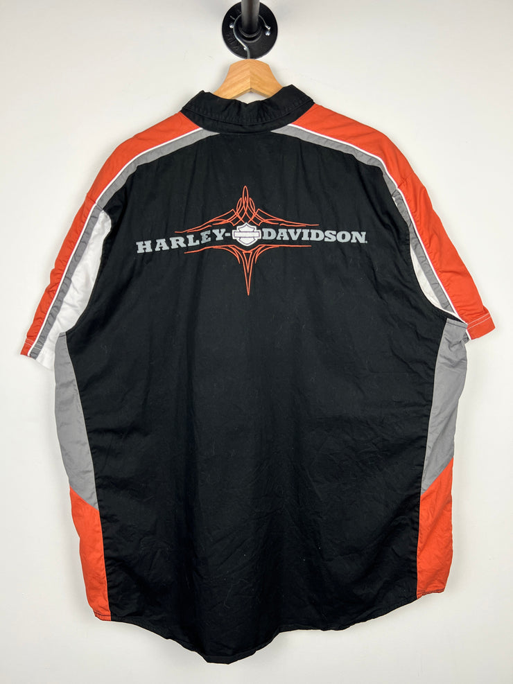 Vintage Harley Davidson Embroidered Black & Orange Button Up Shirt