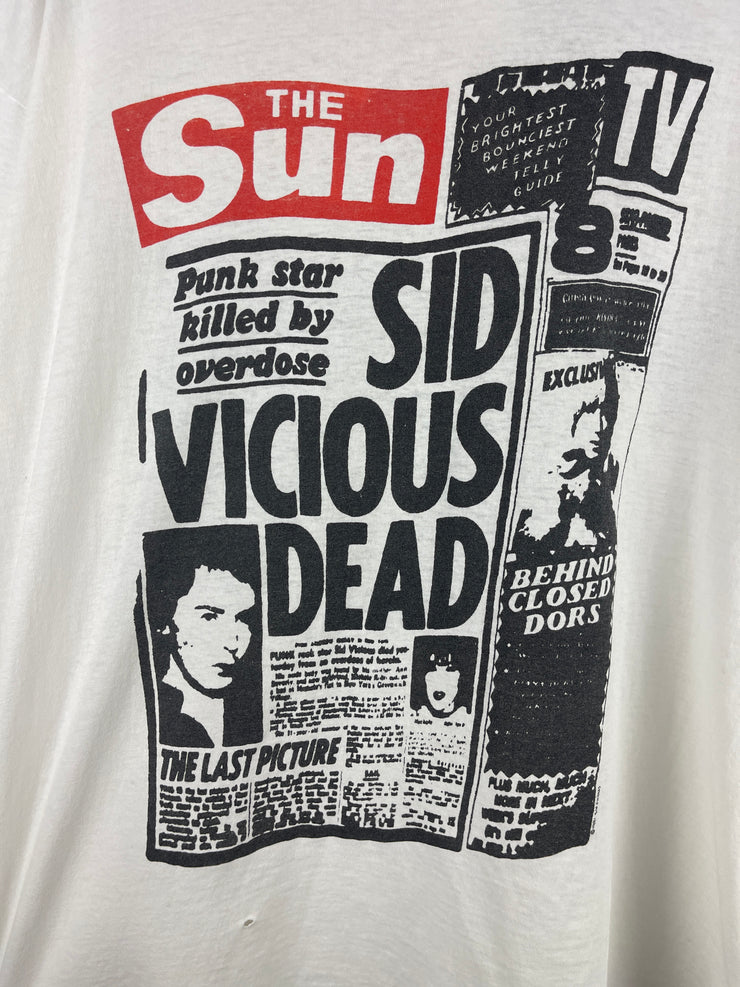 Vintage 90s Sex Pistols Sid Vicious Dead Newspaper White Tee