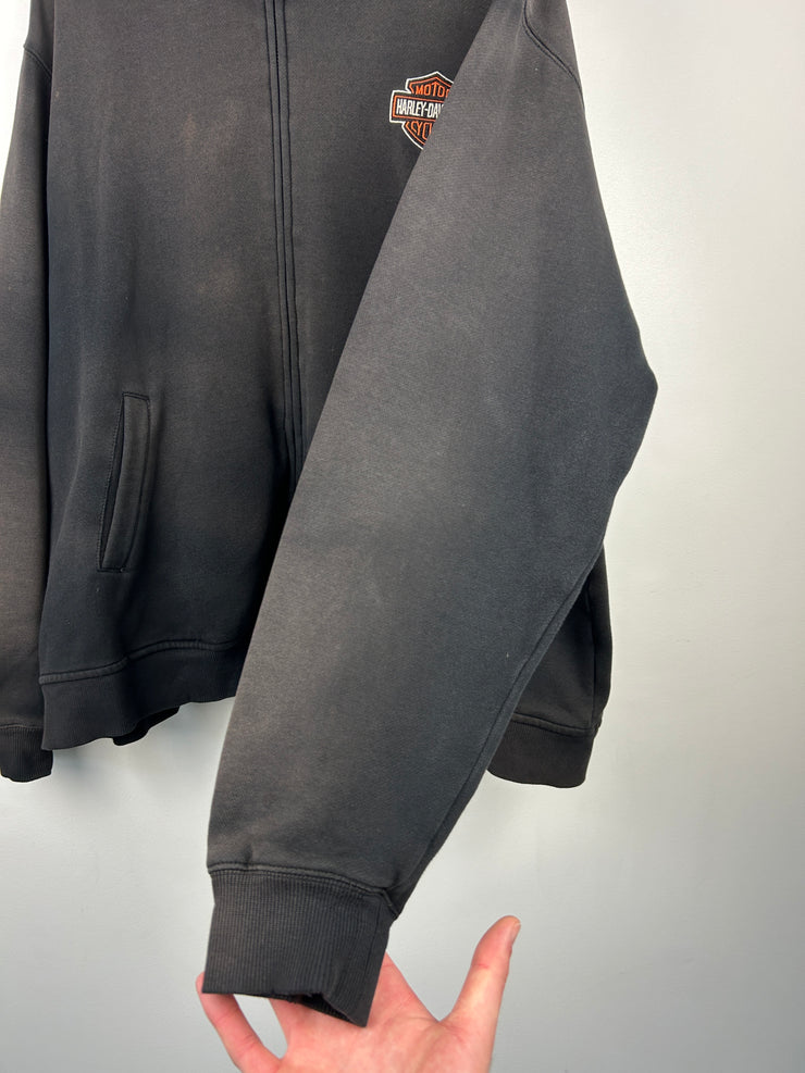 Vintage Harley Davidson Embroidered Faded Black Zip Up Hoodie