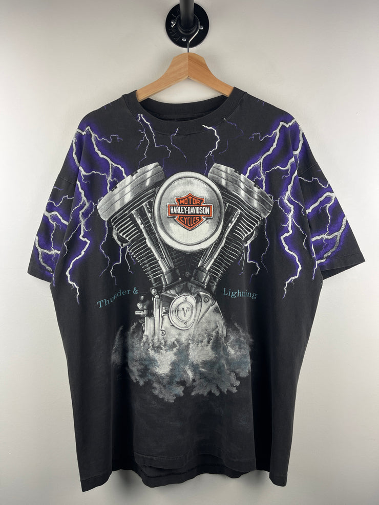 Vintage 90s Harley Davidson Illinois Thunder Lightning All Over Print Black Tee