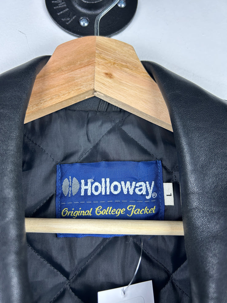 Vintage 90s Holloway Black Wool & Black Leather Varisty Jacket