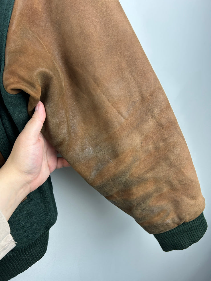 Vintage 90s Identity John Deere Green & Brown Wool Leather Bomber Jacket