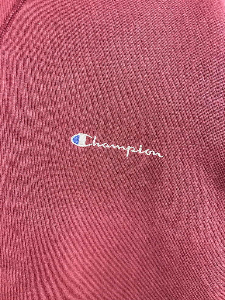 Vintage 90s Champion Spellout Embroidered Thrashed Burgundy Crewneck