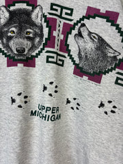 Vintage 90's Upper Michigan Wolf Wrap Around Grey Crewneck