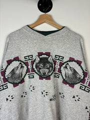 Vintage 90's Upper Michigan Wolf Wrap Around Grey Crewneck