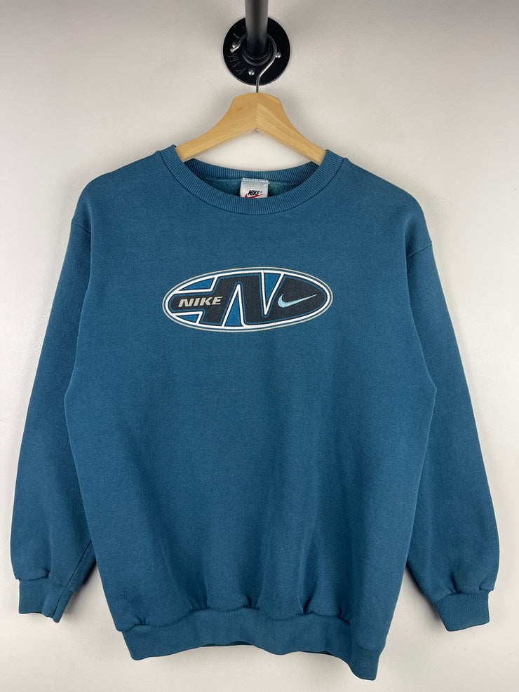 Vintage 90s Nike Swoosh Spellout Embroidered Teal Crewneck