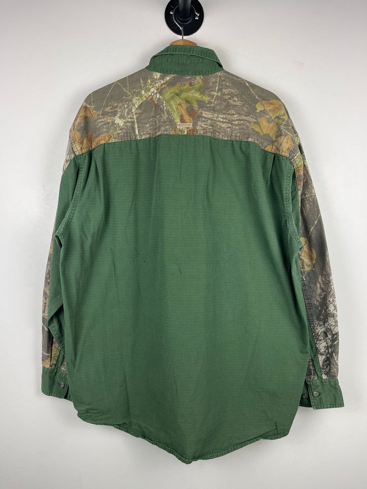 Vintage Mossy Oak Real Tree Camo & Green Button Up Long Sleeve Shirt