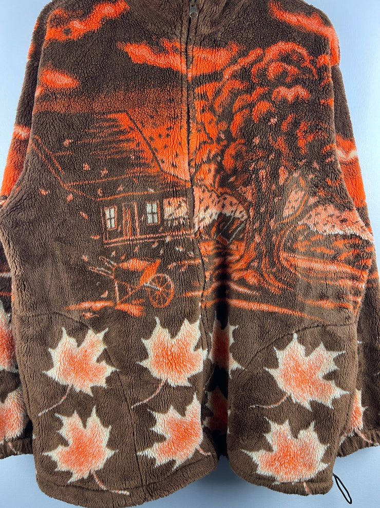 Vintage 90s Art Unlimited Fall Leaves Brown Sherpa Fleece Zip Up Sweater