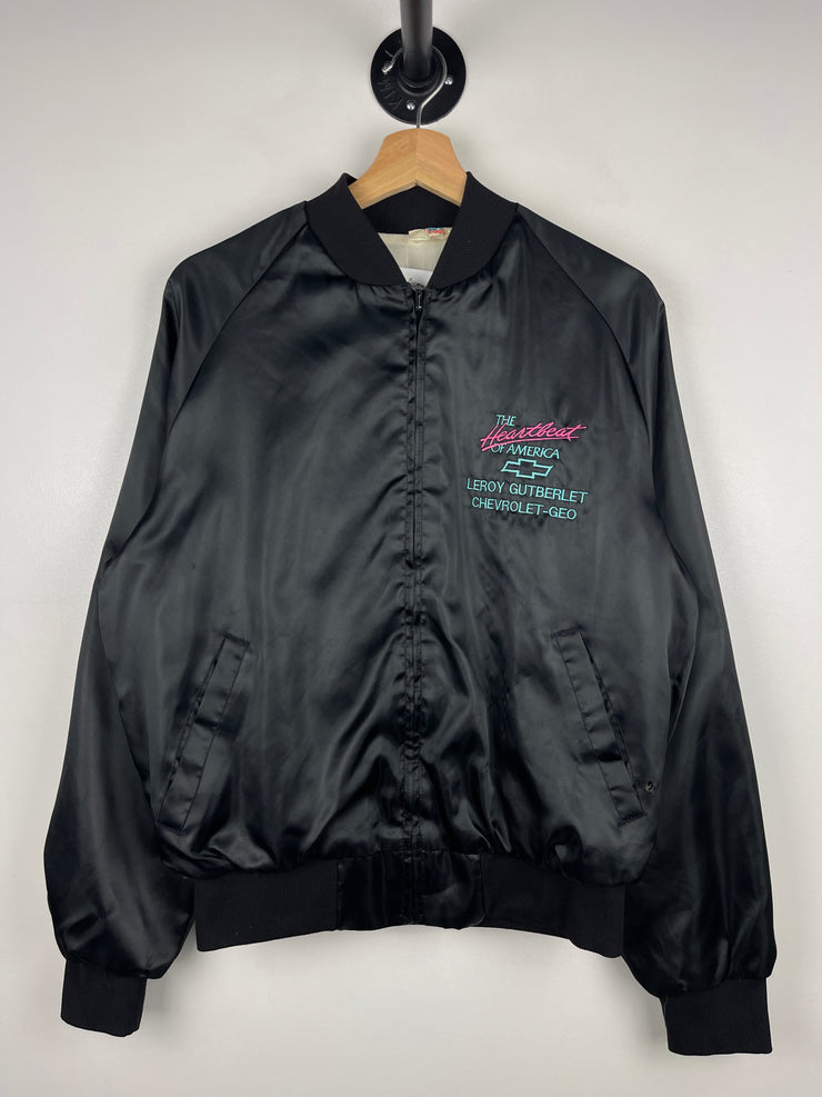 Vintage 80s Chevrolet The Heartbeat Of America Black Satin Varsity Jacket
