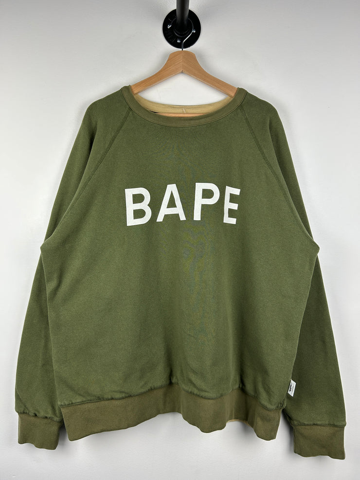Bape Spellout Camo Reversible Olive Crewneck