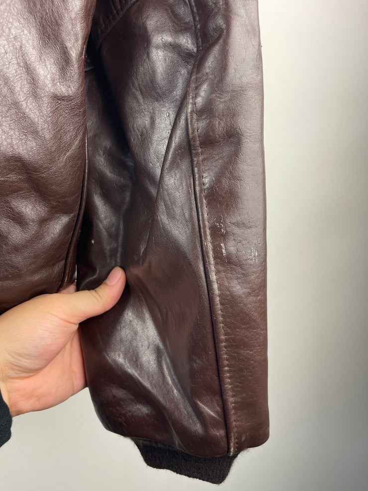 Vintage 80s Excelled Flight Bomber Fur Collar Brown Leather Jacket