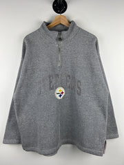 Vintage 90s NFL Pro Player Pittsburgh Steelers Embrodiered Grey Quarter Zip Sweater
