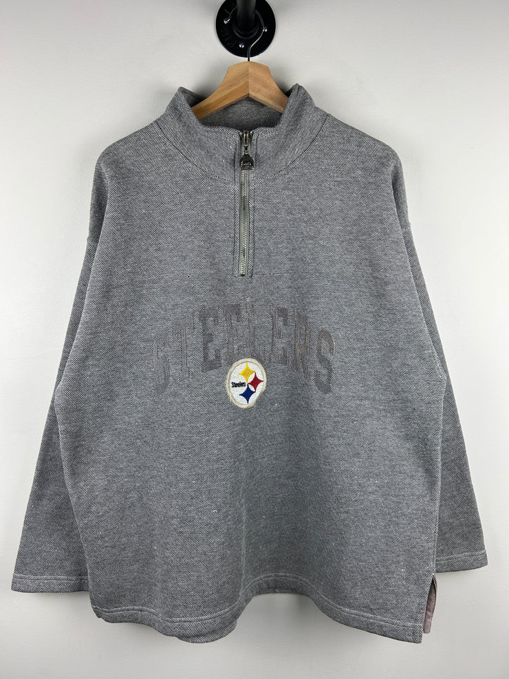 Vintage 90s NFL Pro Player Pittsburgh Steelers Embrodiered Grey Quarter Zip Sweater