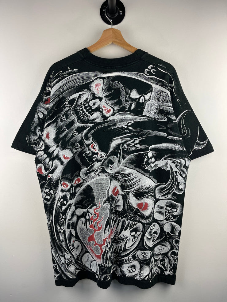 Vintage 90s Jarvis Ace Skull All Over Print Black Tee