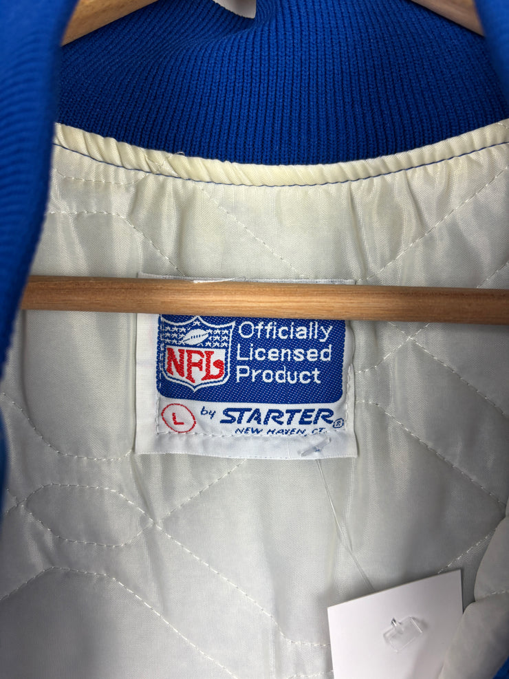 Vintage 80s NFL Starter Buffalo Bills Arch Logo Blue Satin Bomber Jacket