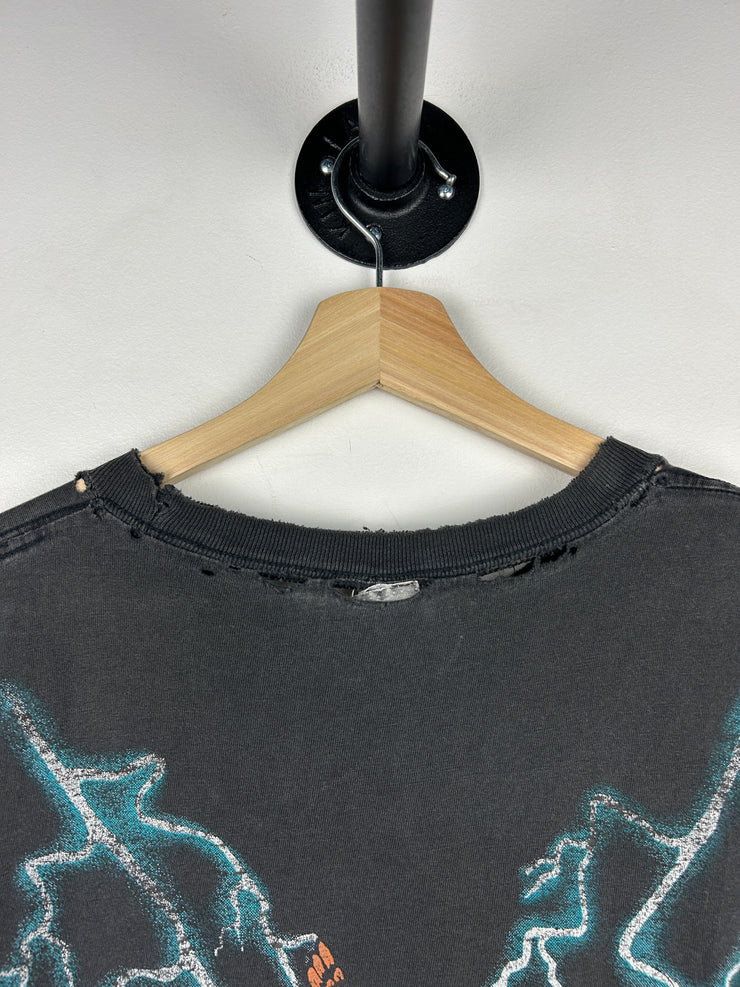 Vintage 90s American Thunder Hot Rod Street Lethal Thrashed Black Cut Off Tank Top