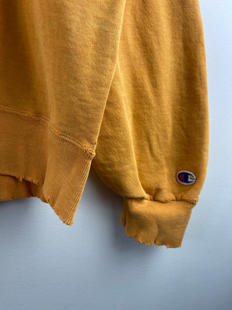Vintage 90s Champion Embroidered Spellout Thrashed Mustard Yellow Crewneck