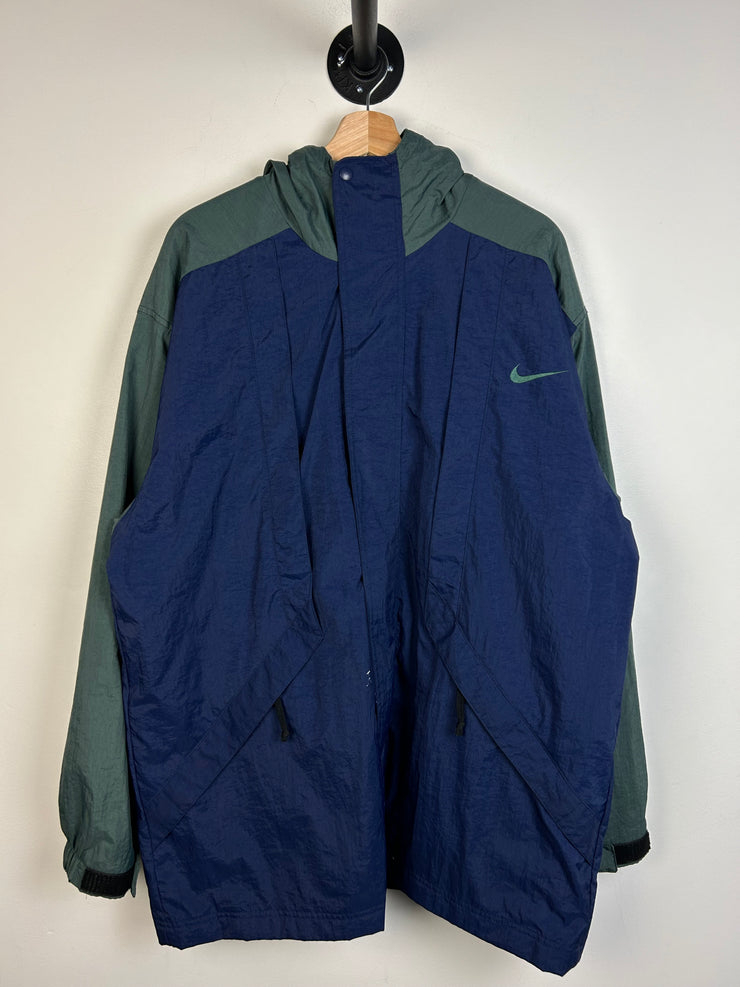 Vintage 90s Nike Swoosh Navy & Green Fleece Lined Hooded Jacket