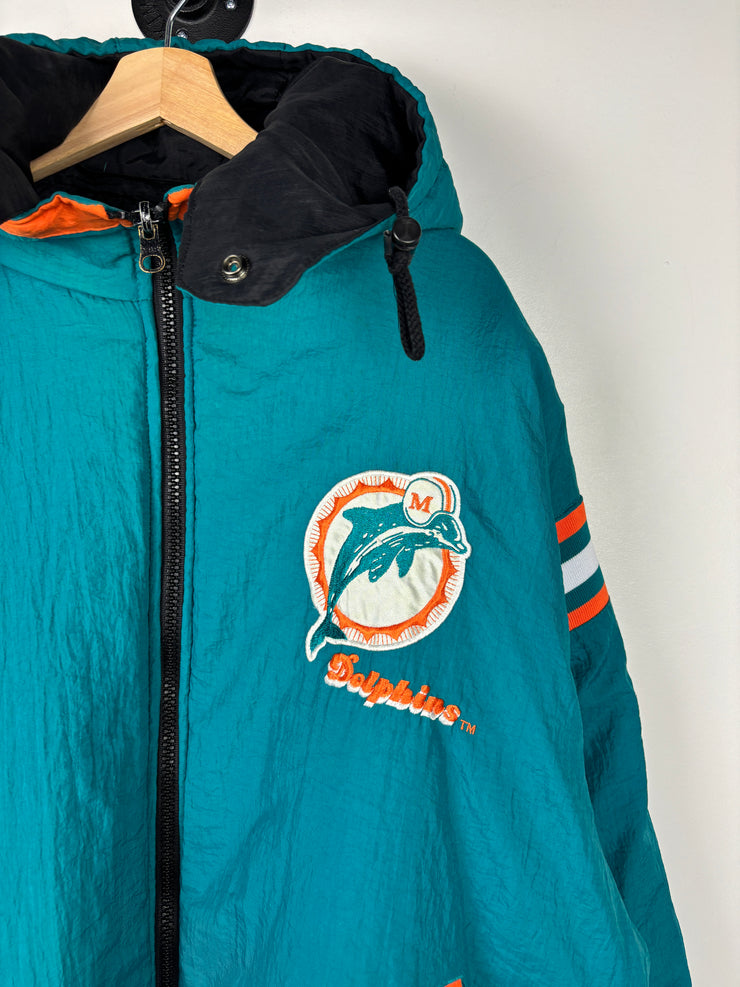 Vintage 90s NFL Pro Player Miami Dolphins Black & Teal Hooded Reversible Hooded Jacket