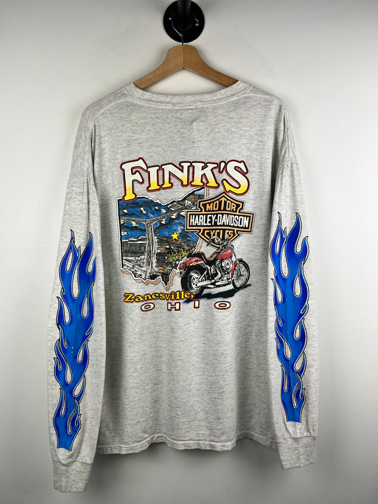 Vintage 80s Harley Davidson Blue Flames Ohio Grey Long Sleeve