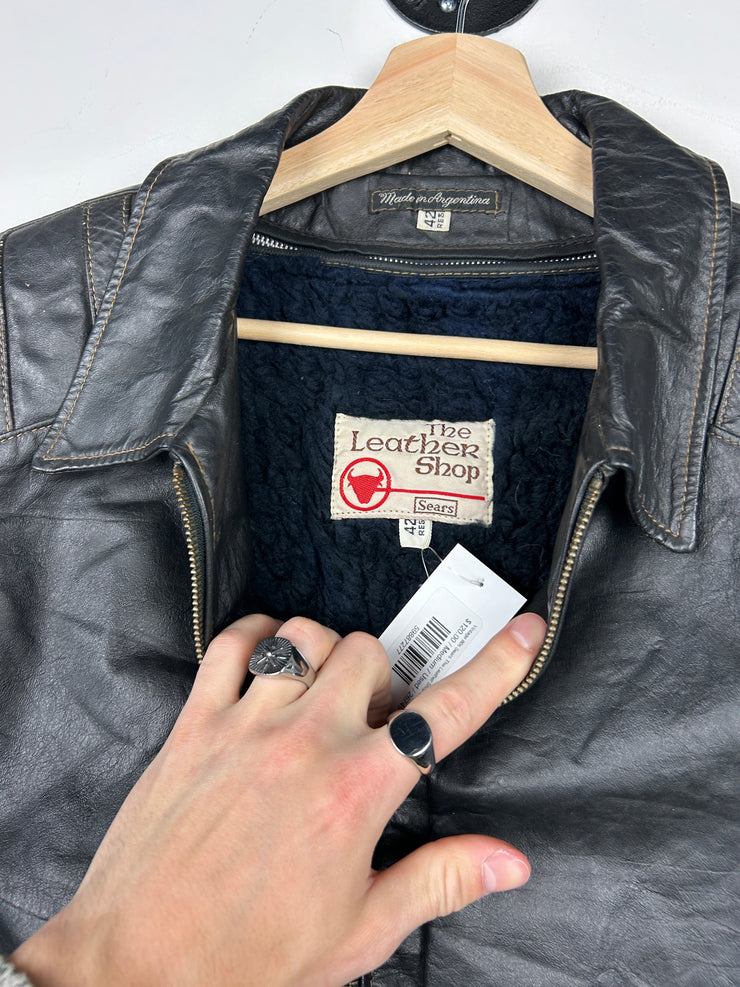 Vintage 80s Sears The Leather Shop Dark Brown Cropped Leather Jacket