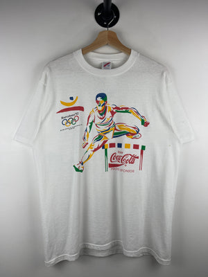 Vintage 90s Barcelona Olympics Coca Cola Hurtling White Tee