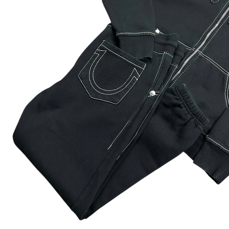 True Religion Contrast Stitch Black Zip Up Hoodie & Sweatpants Set