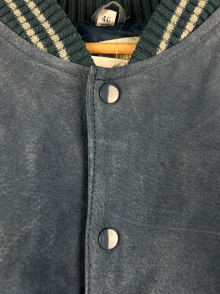 Vintage 90s Fingerhut Fashions Blue & Grey Leather Suede Bomber Jacket