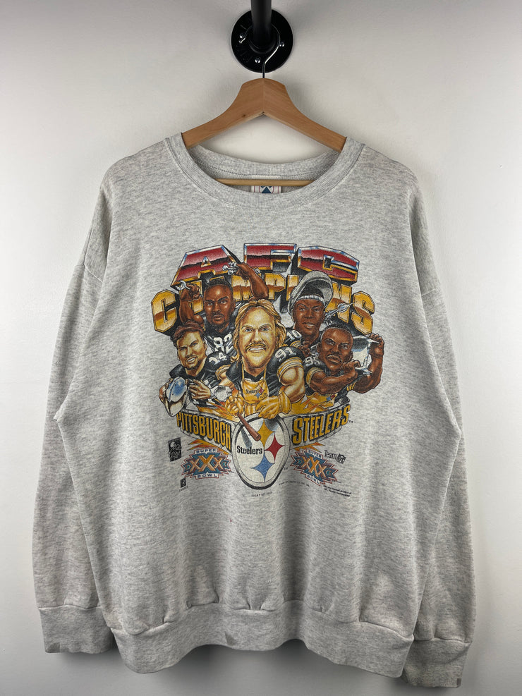 Vintage 90s NFL Pittsburgh Steelers Character Super Bowl Grey Crewneck
