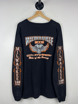 Vintage 2003 Milwaukee Wisconsin V Twin Classic Motorcycle Flame Black Long Sleeve