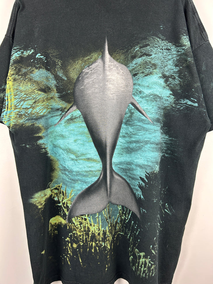 Vintage 90s Dolphins Ocean All Over Print Black Tee