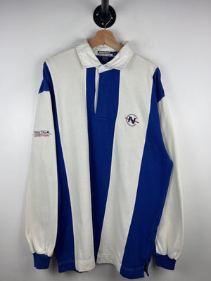 Vintage 90s Nautica Competition Striped White & Blue Polo Rugby Long Sleeve