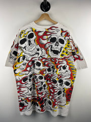 Vintage 90s Jarvis Ace Flaming Skull All Over Print White Tee