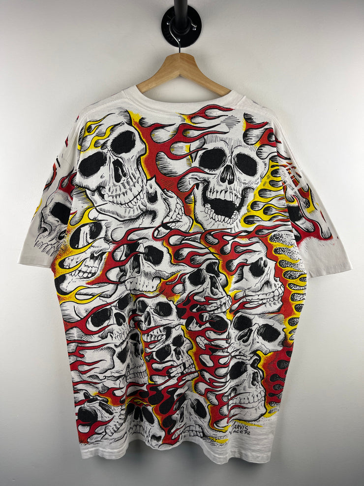 Vintage 90s Jarvis Ace Flaming Skull All Over Print White Tee